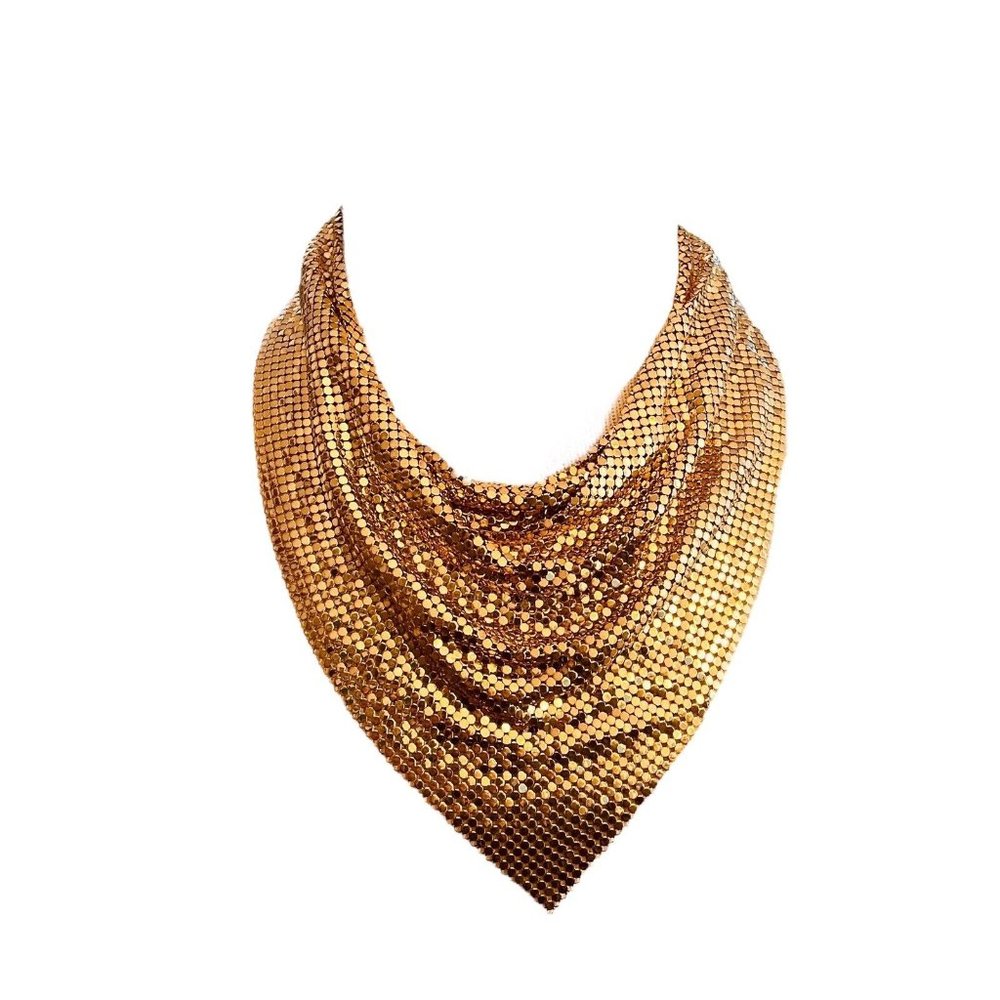 Whiting and Davis Gold Metal Mesh Bib Scarf Bandana Bib Necklace Vtg 16" Drop